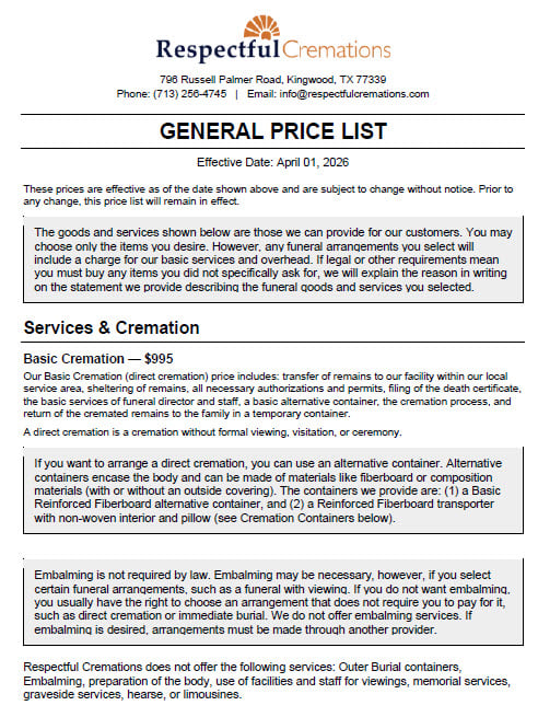 Respectful Cremations General Price List